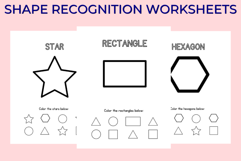 shape recognition worksheets for preschoolers for rectangle, hexagon, and star